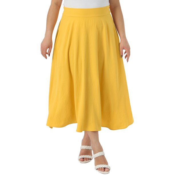 Falda de mujer talla grande Agnes Orinda con nudo, cintura alta, vuelo, línea A, midi con bolsillos 2X amarillo