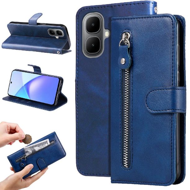 Funda tipo cartera para Infinix smart 10 4G con bolsillo con cremallera y ranuras para tarjetas – Función de soporte Azul