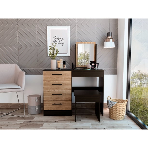 Mueble De Tocador Kaia 4 Cajones Wengue Y Miel Con Silla 126x100x42 Cm