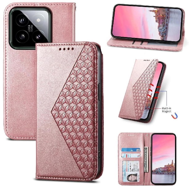 Funda Flip FOXDOCK para Xiaomi 14 , Estilo Billetera con Diseño Rombo, Correa de Mano y Soporte, Uso Diario