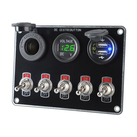 Ioensy - Panel De Interruptor De Barco De 5 Bandas Impermeable Doble Usb Multifunción Luz Verde
