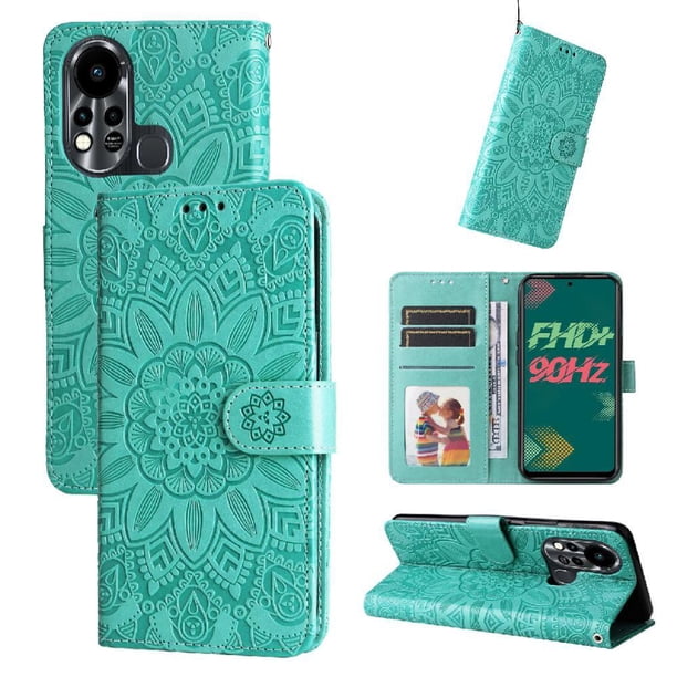 Funda tipo cartera FOXDOCK para Infinix Hot 11s , diseño girasol en relieve, cuero PU, cierre magnético, soporte y tarjetero