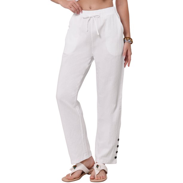 INSPIRE CHIC Pantalones de Lino para Mujer Verano Casual de Cintura Alta con Cordón de Algodón Pantalones Largos S Blanco