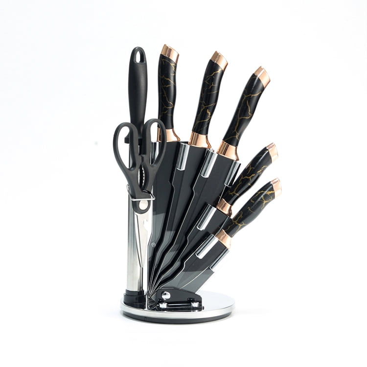 Mp - Set Cuchillos De Cocina 8 Pzs Marmoleado Con Base Giratoria Negro Dorado