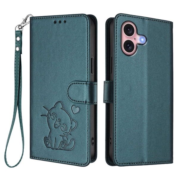 Funda Volteable con Diseño de Gato para iPhone 16, Verde Oscuro