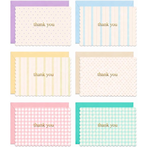 30 Thank You Cards with Matching Color Envelopes, Gold Foil