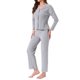 thumbnail image 4 of Conjuntos de pijama para mujeres con botones, manga larga, cuello en V, ropa de descanso, pantalones de cintura elástica, 2 piezas con bolsillos, talla S, gris, 4 of 6