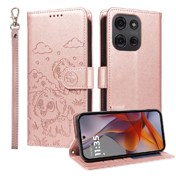 Funda Cartera para Motorola Moto G75 5G Perro Cachorro Grabado con Tarjetas Soporte Correa Rosa