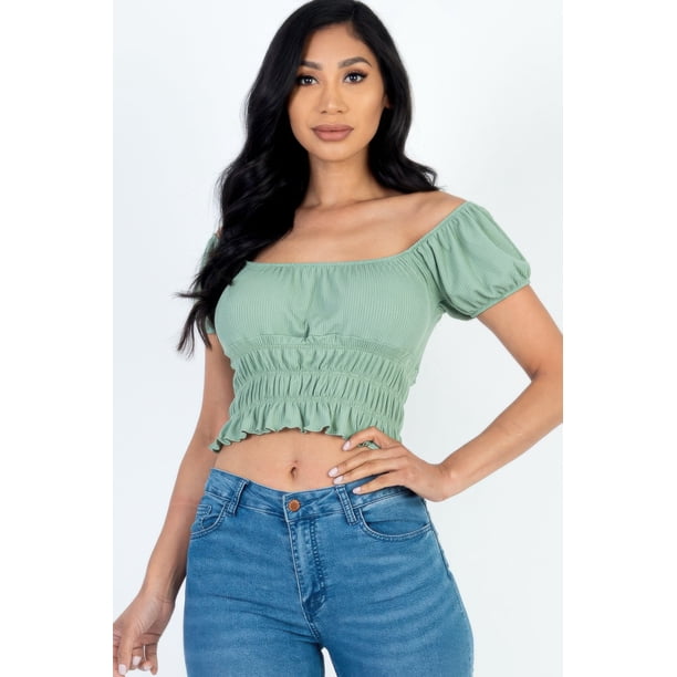 Top Casual de Punto Acanalado Liso con Mangas Abullonadas Fruncidas