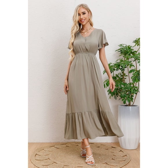 Vestido Largo Verano Mujer Manga Corta Abertura Botones 328