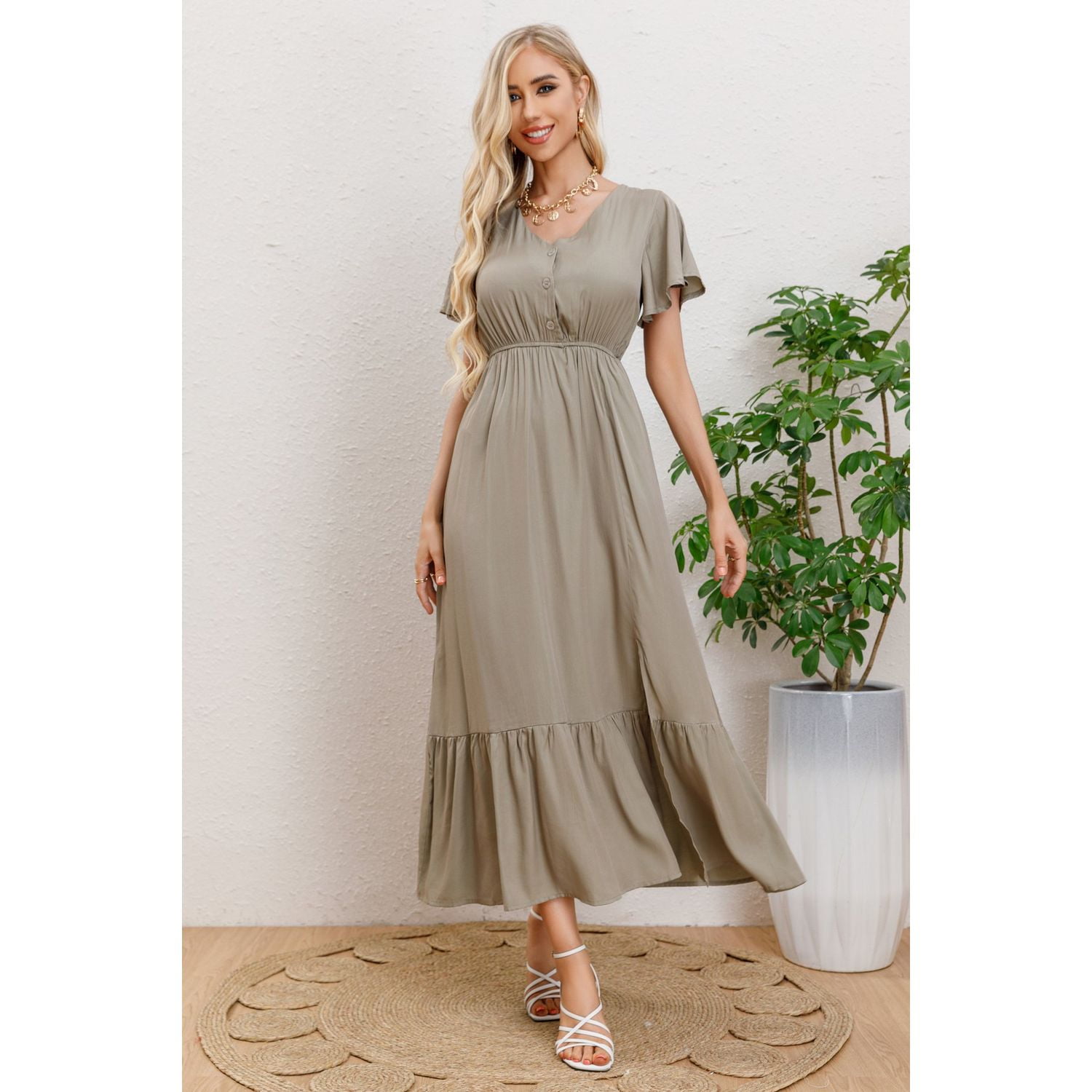 Likeshop - Vestido Largo Verano Mujer Manga Corta Abertura Botones 328