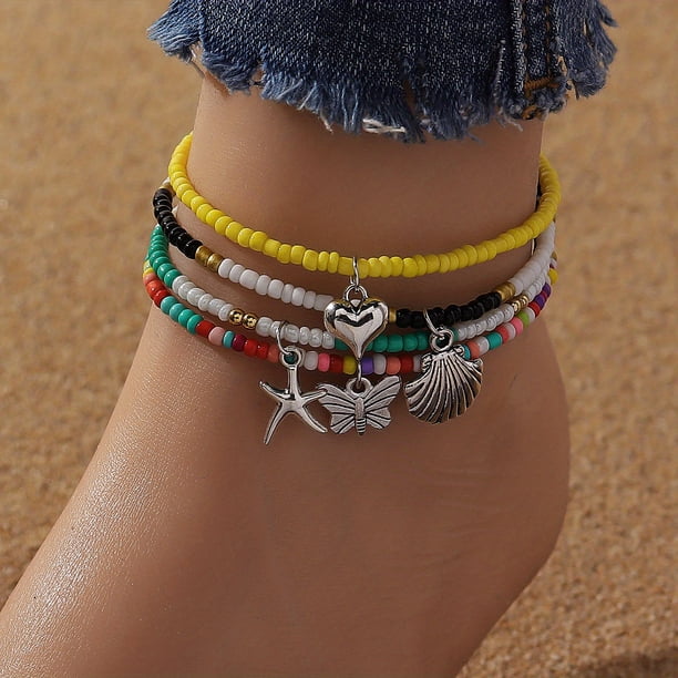 4-Piece Colorful Rice Beaded Ankle Bracelet Set - Perfect for Summer Beach Decor & Boho Jewelry!