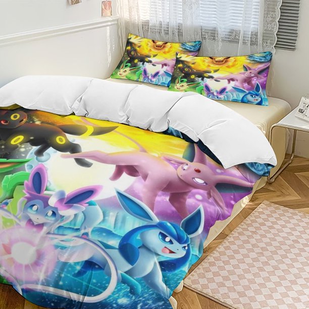 Eevee Bed Duvet Cover Funny Anime Cartoon Bedding Sets Lightweight 3 Piece Comforter Sets