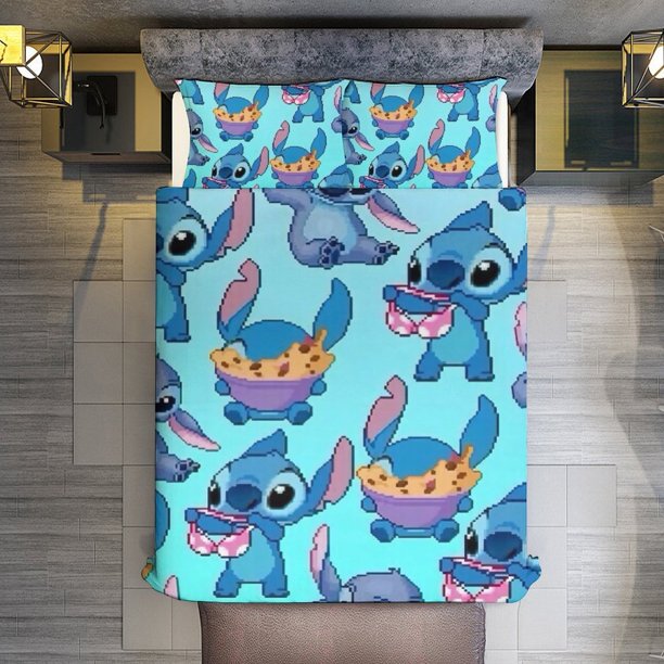Cartoon Stitch 3 Pieces Duvet Cover Set Full Size Super Soft Fade Resistant Microfiber