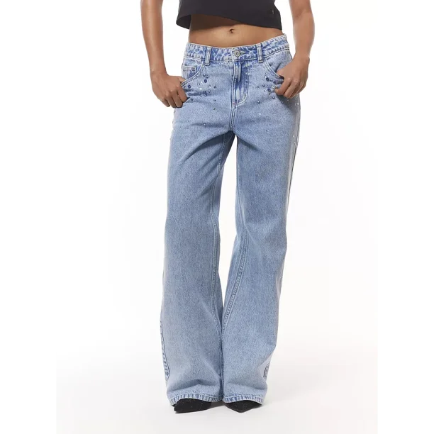 Jeans Mujer Wide Leg Pedrería Celeste JJO