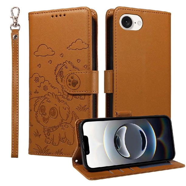 Funda Cartera para iPhone 16e Perro Cachorro Grabado con Tarjetas Soporte Correa Marrón