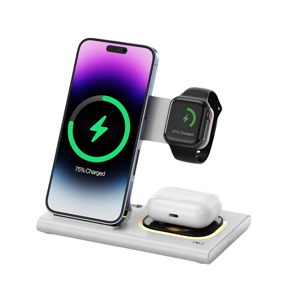 Genérico - Estación De Carga Inalámbrica 3 En 1 De 15 W Para Iphone Apple Watch Airpods Con Imán, Ángulo Ajustable, Diseño Plegable, Luz Nocturna Y Protección Contra Sobrecarga-blanco