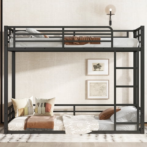M&Ms - Metal Bunk Bed, Twin Xl Over Twin Xl Floor Bunk Bed Frame, Heavy-Duty Bunk Bed For Kids, Teens, Adults, Noise-Reduced Design, Black