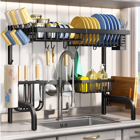 Escurridor de platos SAYZH ajustable de 65 a 85 cm, 2 niveles, negro