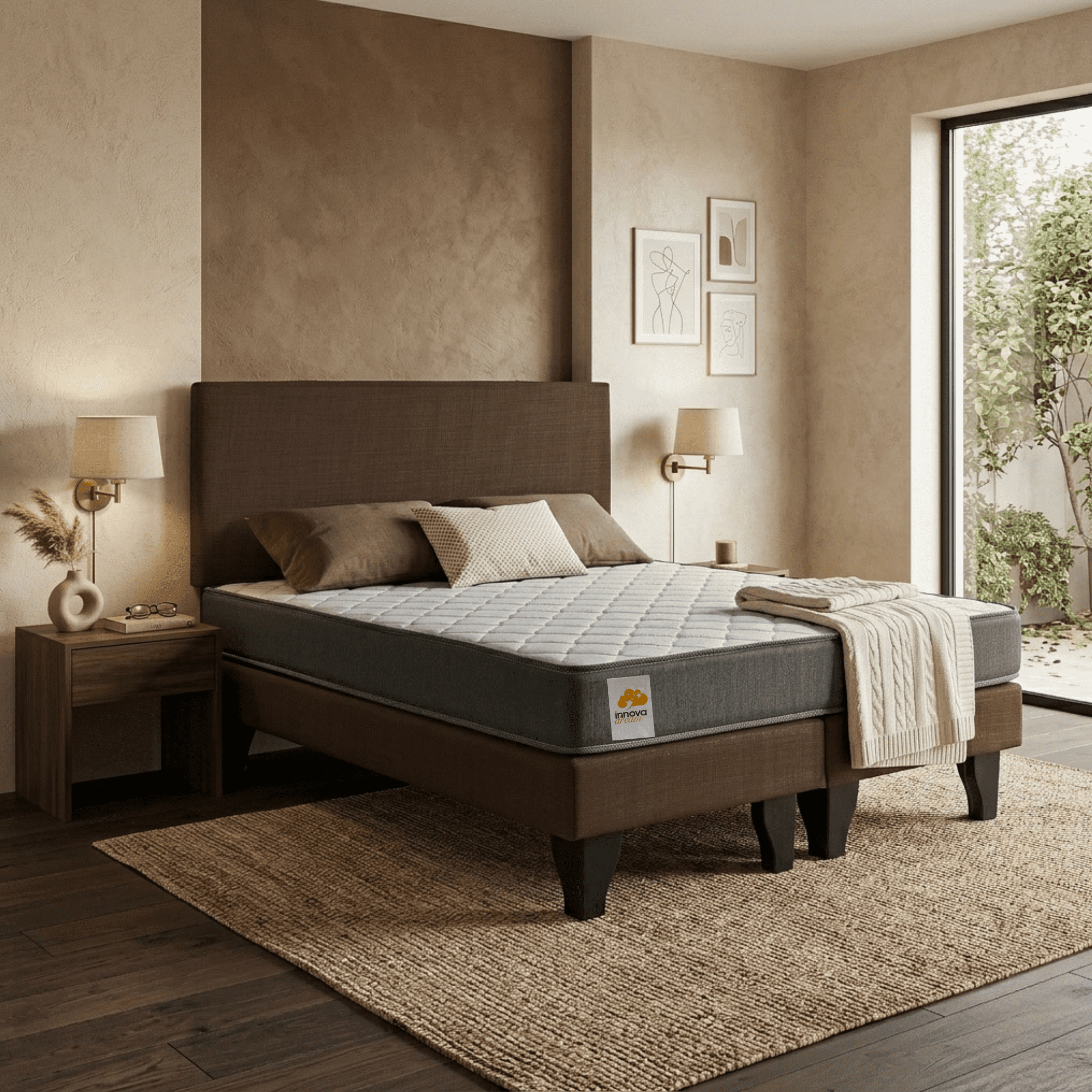Intermuebles - Cama 2 Plazas Con Colchón 21 Cm Y Respaldo Café – Base Matrimonial Tapizada