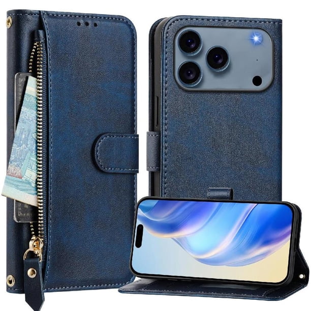 Funda Billetera Cremallera para iPhone 17 Pro Max con Porta Tarjetas, Soporte y Correa Azul
