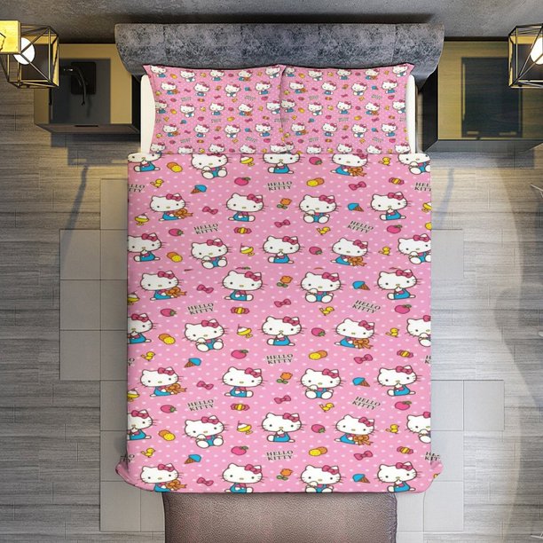 Dessert Hello Kitty Comforter Twin SizeComforter Set for Kids Girls3Pcs Bedding Set Printed Comforter with 2 PillowcasesDown AlternativeSoft and Lightweight Bed Sheets