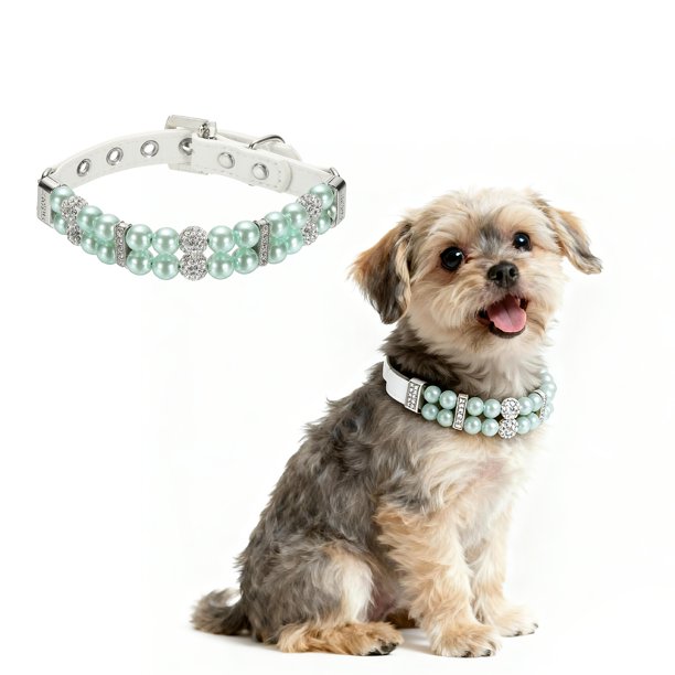 Collar de Perlas para Perro Uxcell, Collar de Perlas para Gato con Cristales de Lujo, (Verde, M), Diseñado para Tazas de Té / Cachorros / Gatitos / Mascotas Pequeñas