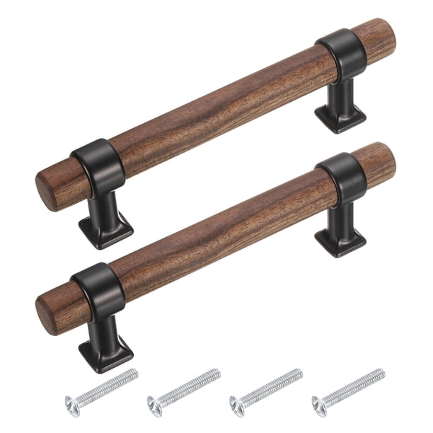 2 Piezas Tiradores de Cajón de Madera en Forma de T 96mm/3.8" Centro de Orificio Pomos de Cajón de Doble Orificio con Tornillos, Negro