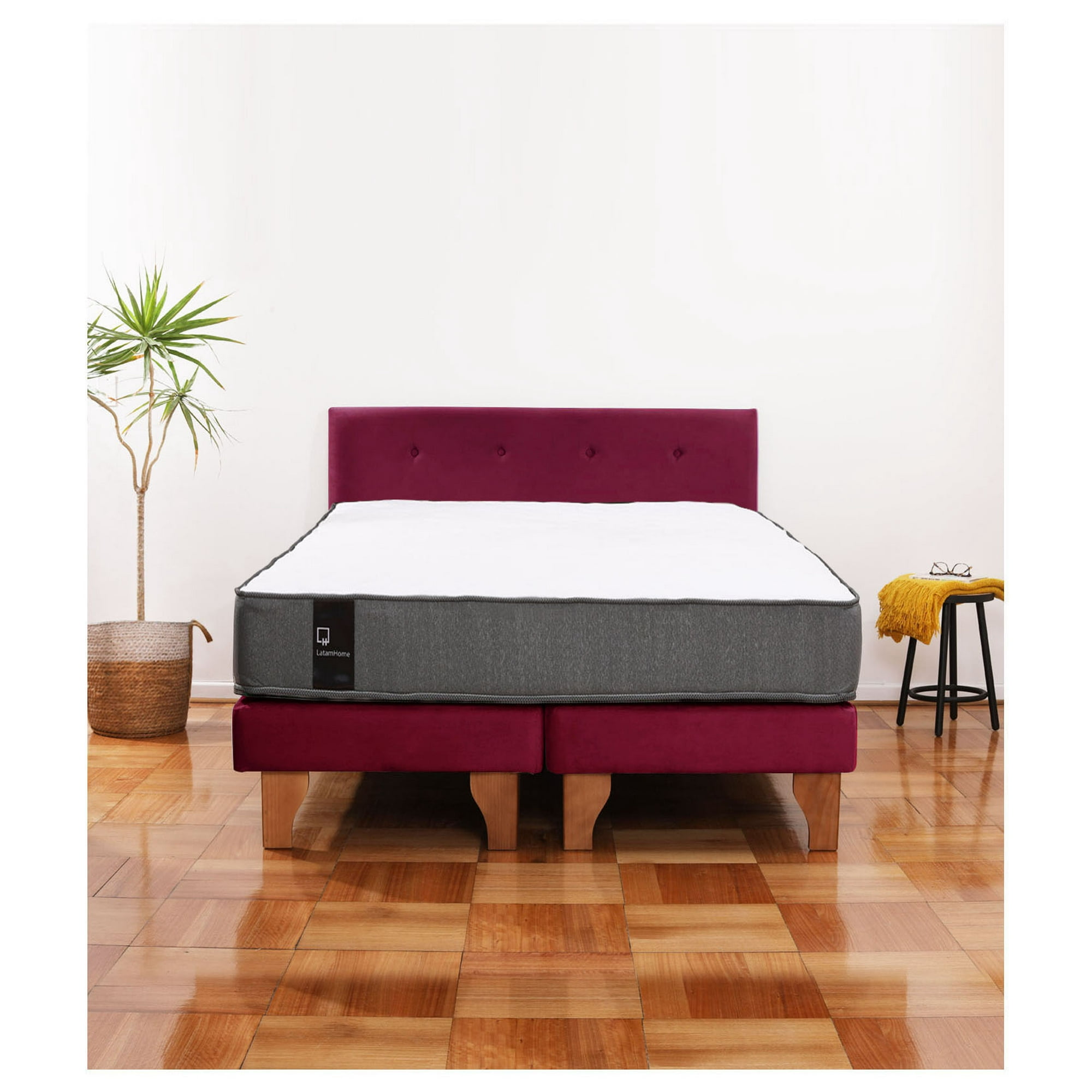 Latam Home - Cama Europea Zen Best 2 Plazas Colchon Resortes Base Dividida + Respaldo Tela Burdeo