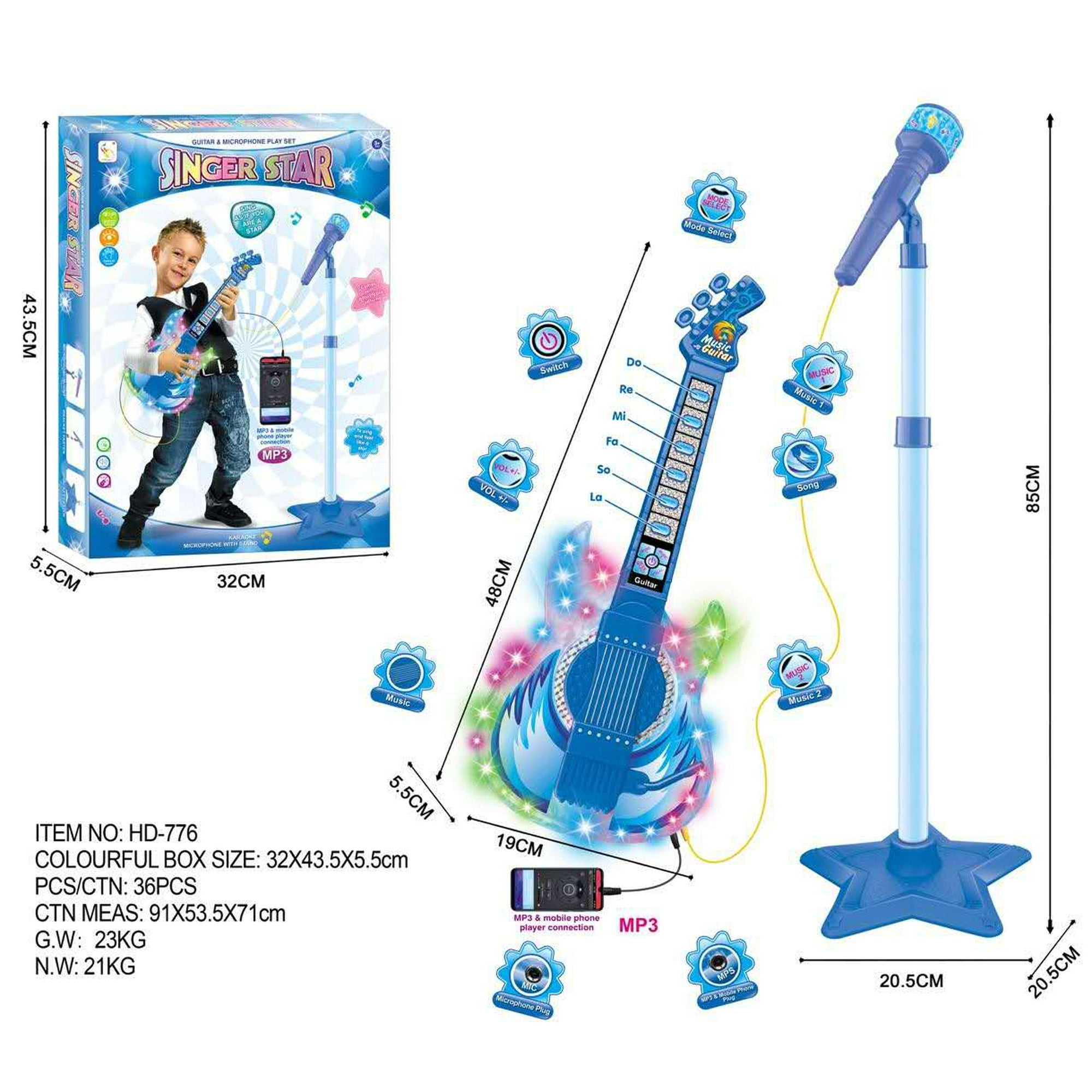 Genérico - Set Guitarra Microfono Pedestal Juguete Mp3 Luces Azul