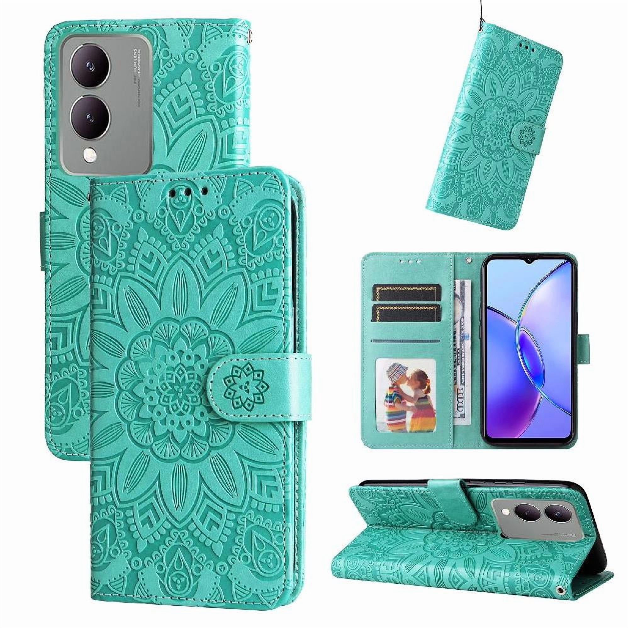 Funda Tipo Cartera Foxdock Para Vivo Y17S , Diseño Girasol En Relieve, Cuero Pu, Cierre Magnético, Soporte Y Tarjetero