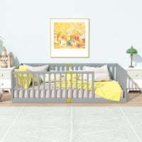 M&Ms - Twin Size Floor Bed With High Fence Railings, 6 Slats Included, Rubber Wood Floor Bed With Safety Guardrails, Without Door,Grey