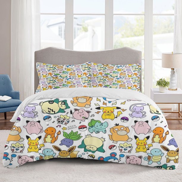 Poke mon Bedding Sets Cartoon Duvet Cover Lightweight 3 Piece Bet Sets for Kids Boys Girls