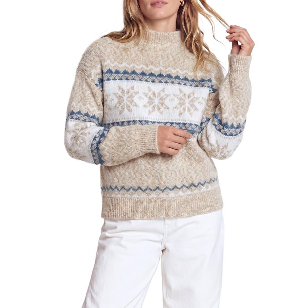 INSPIRE CHIC Suéter de Punto de Chenilla con Copo de Nieve para Mujer Cuello Simulado Ajuste Suelto Mangas Largas Grande Albaricoque