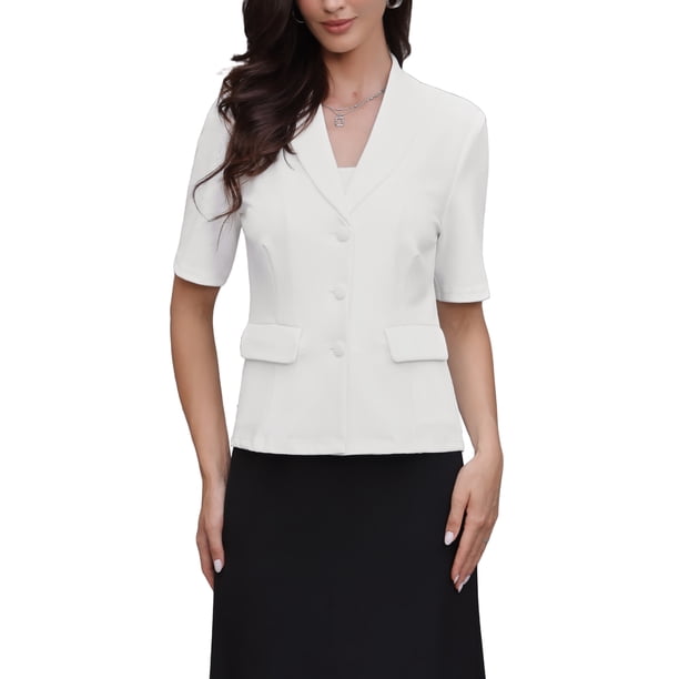 INSPIRE CHIC Blazer de Manga Corta para Mujer Verano Botón Casual de Negocios Oficina Traje Chaqueta XL Blanco Crema