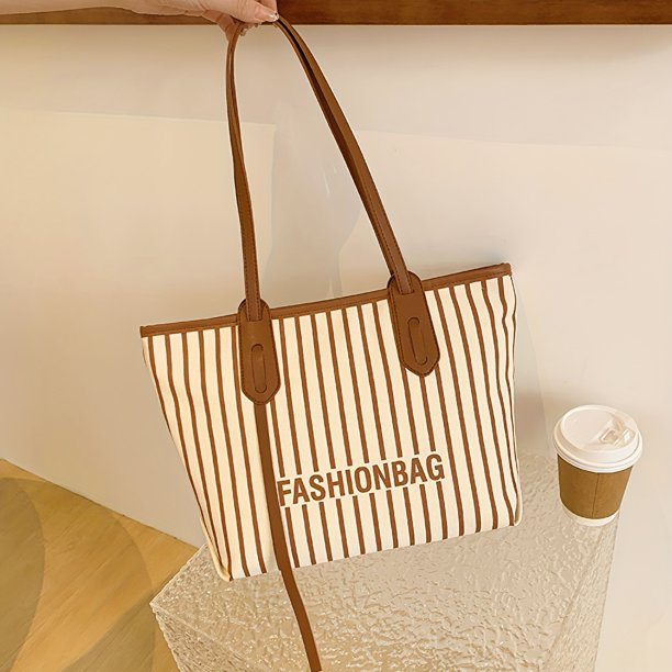 Striped Print Canvas Tote Bag, Large Capacity Shoulder Bag, Women's Casual Handbag & Shopping Travel Bag