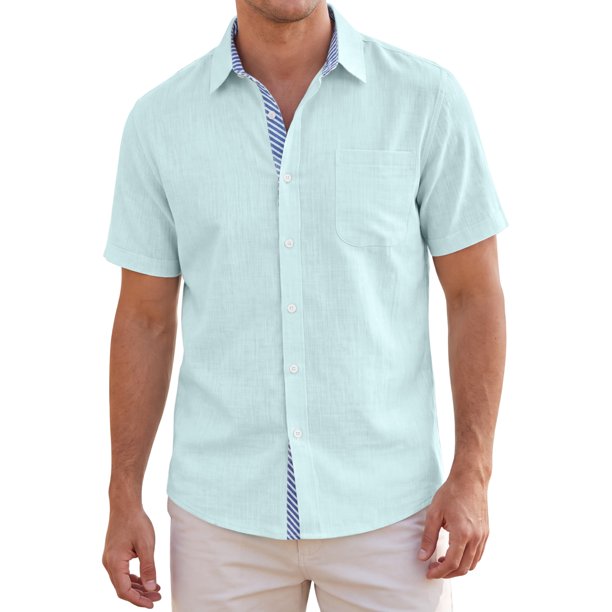 INSPIRE CHIC Camisas de Lino de Manga Corta Casual para Hombre con Cuello de Color en Contraste XXL Verde Menta