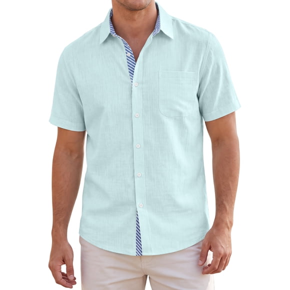 INSPIRE CHIC Camisas de Lino de Manga Corta Casual para Hombre con Cuello de Color en Contraste 3XL Verde Menta