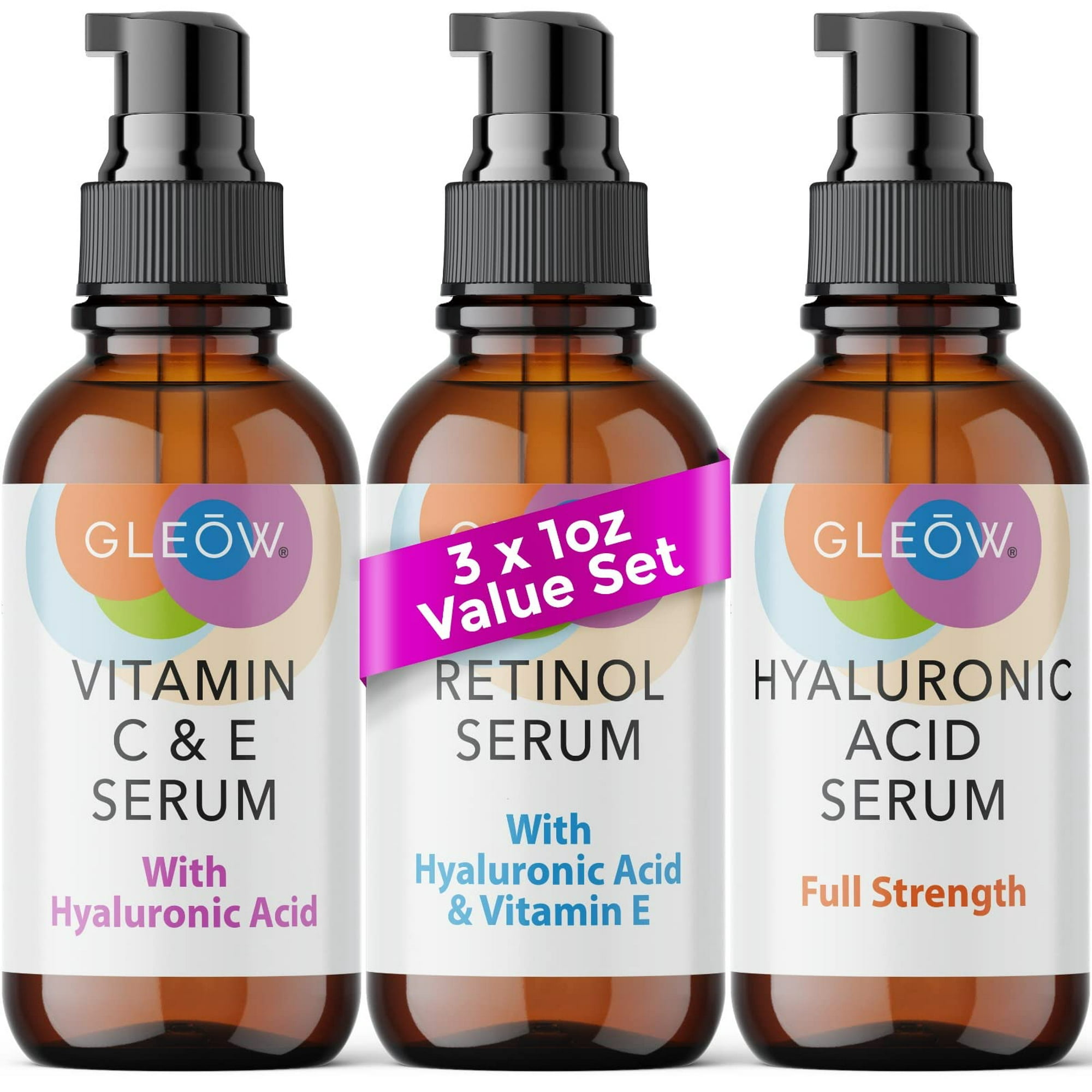 Set De Sérum Gleow Con Retinol, Vitamina C Y Ácido Hialurónico 90 Ml