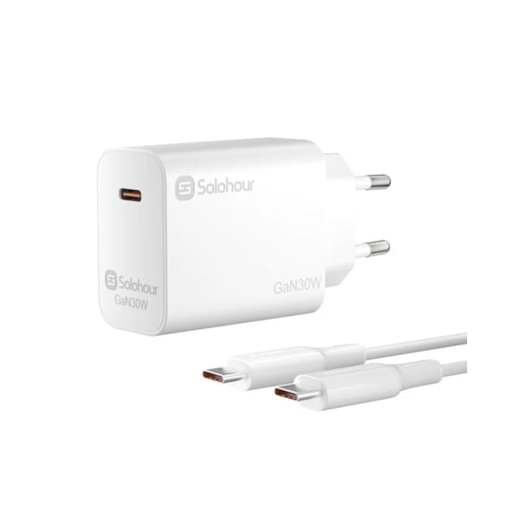 Solohour Cargador Carga Rápida GAN 30w kit 1m USB-C Blanco