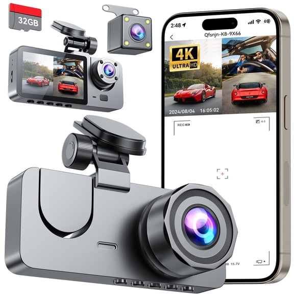 Cámara para auto LITALARM de 3 canales 4K UHD con tarjeta de 32 GB