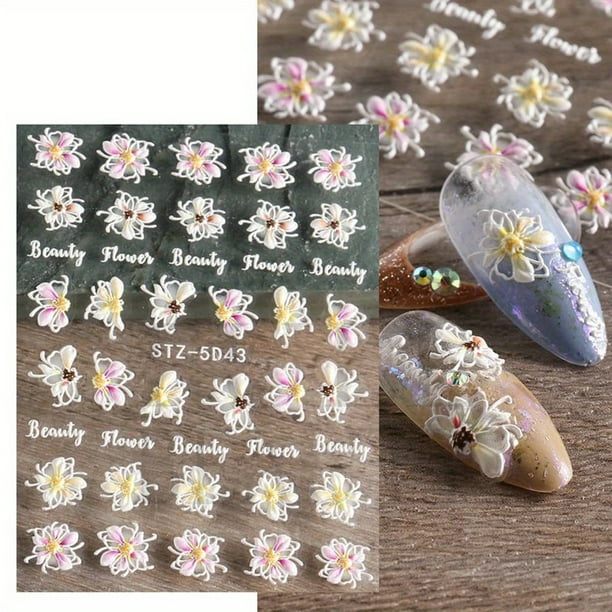 Flower Nail Art Stickers Acrylic 5D Hollow Exquisite Pattern Nail Decals Nails Art Supplies Gradient Pink White Floral Lace Manicure Nail Art Decoration Self-Adhesive Nails For Women Girls