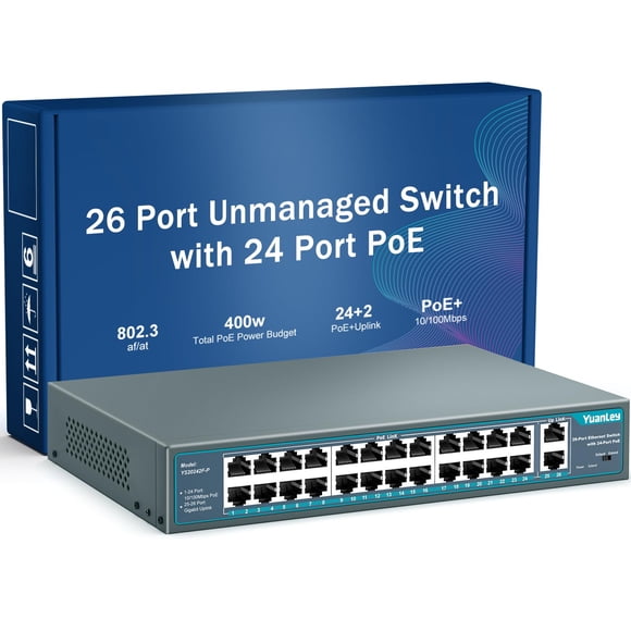 Conmutador PoE Yuanley de 26 puertos y 400 W de potencia, 24 PoE+, 2 Uplink Gigabit