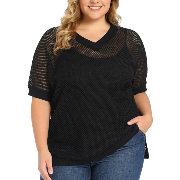 GRACIA Y GRANDEZA Blusas Casuales de Verano para Mujer de Talla Grande con Abertura Lateral de Ganchillo, Manga Media, Cuello en V, Tejido Suelto, 2X Negro