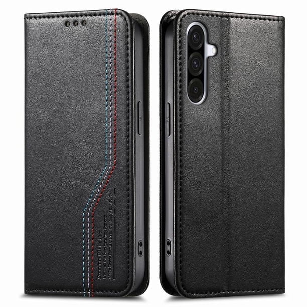 Funda tipo cartera para Samsung Galaxy A37 de piel con cierre magnético, ranuras para tarjetas y correa para la muñeca Negro