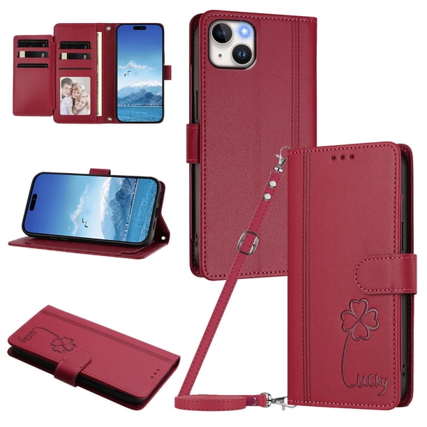 Funda Cartera Trébol para iPhone 15 Plus con Ranuras Tarjetas y Carga Inalámbrica Rojo