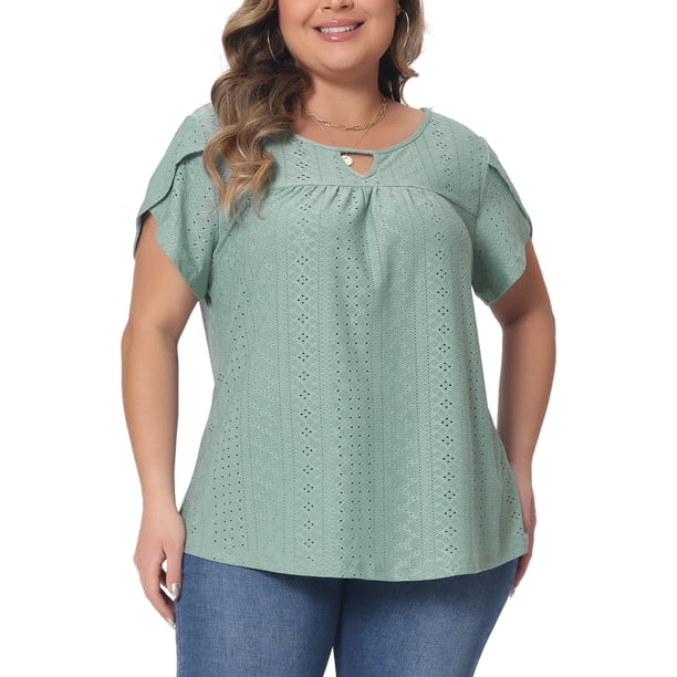 Agnes Orinda Blusas Casuales de Talla Grande para Mujer con Cuello Redondo con Abertura, Mangas de Pétalo y Pliegues 4X Verde