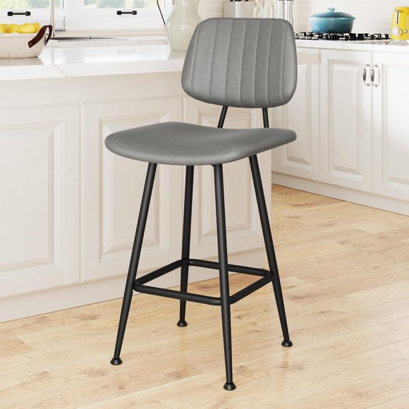 Taburete de Bar Raynesys de Cuero Gris con Respaldo Alto 24"