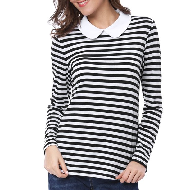 INSPIRE CHIC Blusa casual de manga larga para mujer con cuello de muñeca a rayas en contraste, elástico en la espalda, talla S, color negro