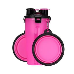 Winpet - Botella 2×1 Para Agua Y Comida + 2 Platos Plegables Para Perros - Rosado